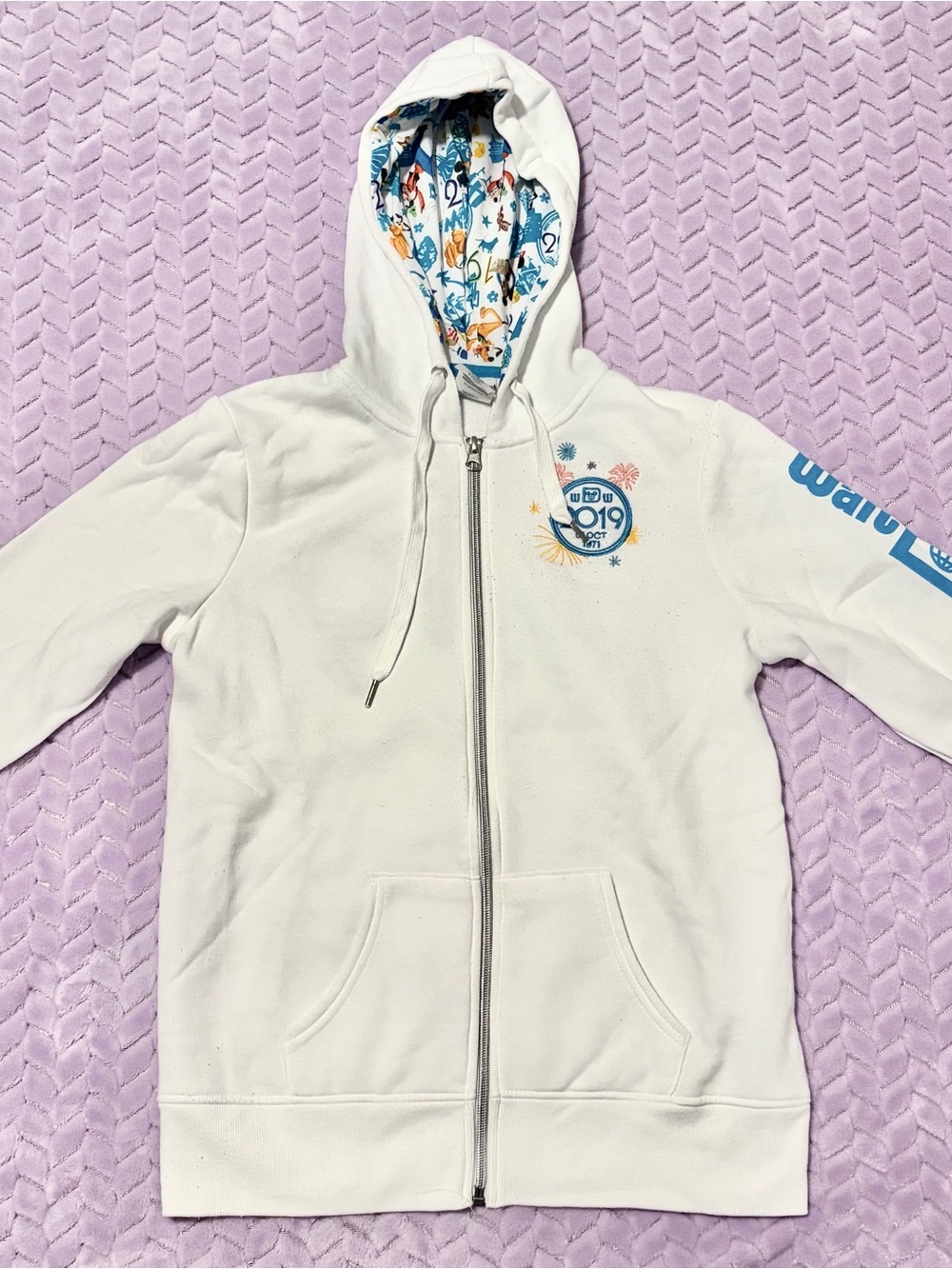 Disney White Zip Front Hoodie with Cartoon Hood Lining